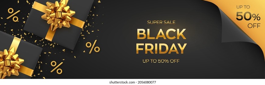 Black Friday Super Sale. Realistic black gifts boxes with golden bows. Dark background with present boxes and golden percent symbols. Horizontal banner, poster, header website. Vector illustration.