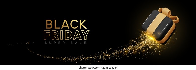 Black Friday Super Sale. Realistic 3d design black gifts boxes. Horizontal banner, web poster, template header for website. Vector illustration