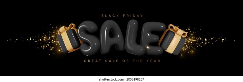 Black Friday Super Sale. Realistic 3d design black gifts boxes. Horizontal banner, web poster, template header for website. Vector illustration