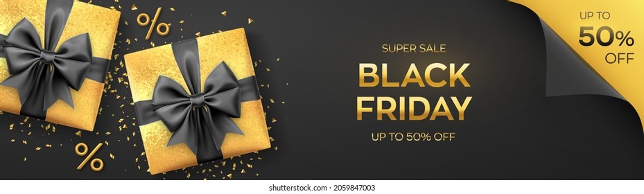 Black Friday Super Sale. Realistic gold gifts boxes with black bows. Dark background with present boxes and golden percent symbols. Horizontal banner, poster, header website. Vector illustration.