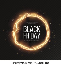 Black Friday Super Sale. Realistic golden luminous round frame. Discount banner for the holidays. PNG. Light golden Twirl. Curve light effect of golden line. Luminous golden circle. 