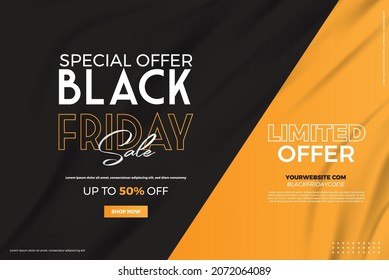 Black Friday Super Sale. Realistic black gifts boxes. Pattern with gift box with red bow. Dark background golden text lettering. Horizontal banner, poster, header website. vector illustration