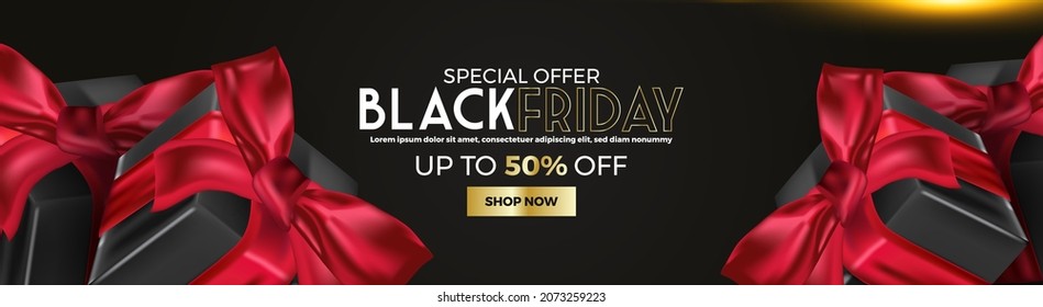 Black Friday Super Sale. Realistic black gifts boxes. Pattern with gift box with red bow. Dark background golden text lettering. Horizontal banner, poster, header website. vector illustration