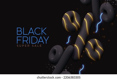 Black Friday super sale. Realistic 3d Percent sign design. Promo banner, web poster. Background with percentage discounts. Christmas and New Year Sale. Vector illustration