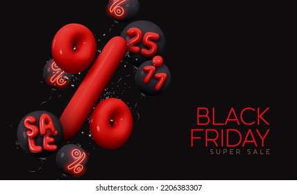 Black Friday Superverkauf. Realistisches 3D-Percent-Zeichendesign. Werbebanner, Webposter. Hintergrund mit prozentualen Rabatten. Zahlen auf Ballons, 25.11. Verkauf. Vektorgrafik