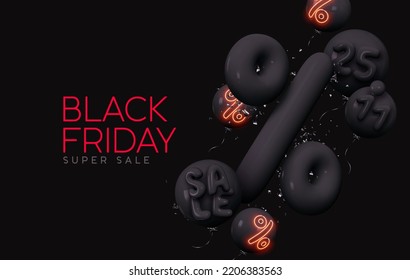 Black Friday super sale. Realistic 3d Percent sign design. Promo banner, web poster. Background with percentage discounts. figures on balloons, November 25.11 Sale. Vector illustration