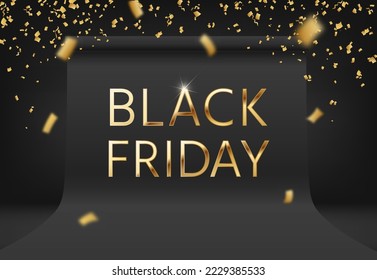 Black Friday Super Sale. Realistic 3d black background, gold confetti. Party banner. Photo studio. Dark background golden text lettering. Horizontal banner, poster, header website. Vector illustration