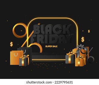 Black Friday Super Sale. Realistic black gifts boxes. . Realistic 3d design stage podium, round studio, gold neon lights, gift box black, yellow bow, shopping bag