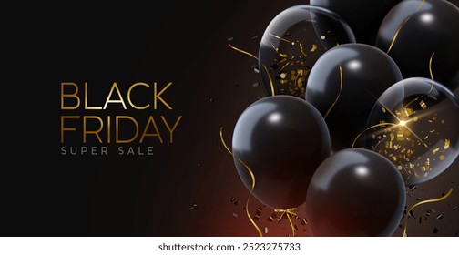 Venta de Black Friday Super. Diseño realista 3d Globos negros y dorados con confeti dorado brillante sobre fondo oscuro. Ilustración vectorial