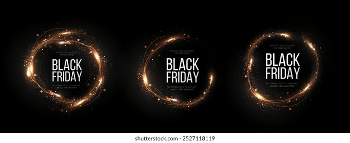 Black Friday Super Sale. Realistic golden luminous round frame. Discount banner for the holidays. PNG. Light golden Twirl. Curve light effect of golden line. Luminous golden circle.