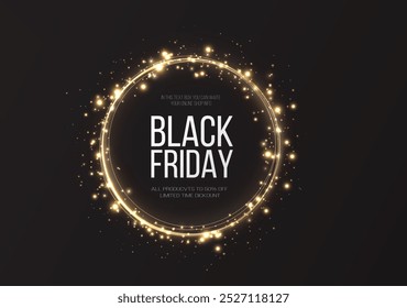 Black Friday Super Sale. Realistic golden luminous round frame. Discount banner for the holidays. PNG. Light golden Twirl. Curve light effect of golden line. Luminous golden circle.