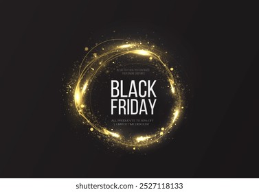 Black Friday Super Sale. Realistic golden luminous round frame. Discount banner for the holidays. PNG. Light golden Twirl. Curve light effect of golden line. Luminous golden circle.