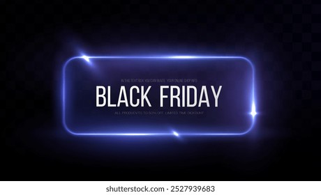 Black Friday Super Venda. Quadro redondo luminoso neon realista. Faixa de desconto para os feriados. PNG. Turbilhão de néon leve. Efeito de luz de curva da linha de néon. Círculo azul luminoso.