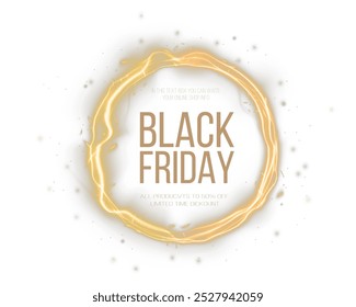 Black Friday Super Sale. Realistic golden luminous round frame. Discount banner for the holidays. PNG. Light golden Twirl. Curve light effect of golden line. Luminous golden circle.
