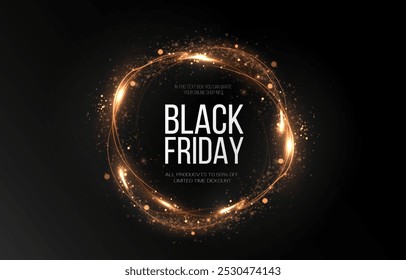  Black Friday Super Venda. Quadro redondo luminoso dourado realista. Faixa de desconto para os feriados. PNG. Turbilhão dourado claro. Efeito de luz de curva da linha dourada. Círculo luminoso dourado.