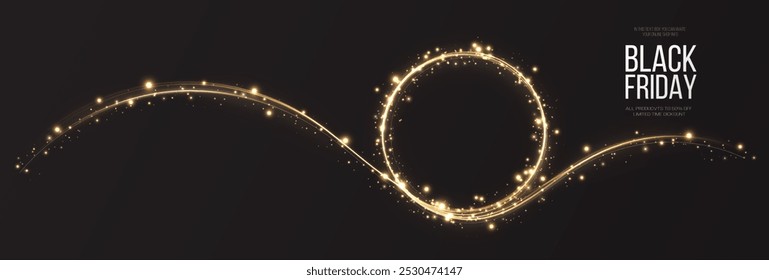  Super Venta del Black Friday. Marco redondo luminoso dorado realista. Anuncio de descuento para las vacaciones. PNG. Giro dorado claro. Efecto de luz de curva de línea dorada. Círculo dorado luminoso.