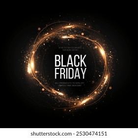  Black Friday Super Sale. Realistic golden luminous round frame. Discount banner for the holidays. PNG. Light golden Twirl. Curve light effect of golden line. Luminous golden circle.