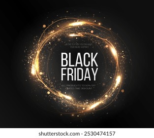  Black Friday Super Sale. Realistic golden luminous round frame. Discount banner for the holidays. PNG. Light golden Twirl. Curve light effect of golden line. Luminous golden circle.