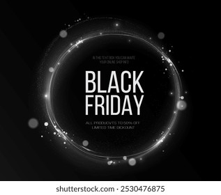 Black Friday Super Sale. Realistic luminous round frame. Discount banner for the holidays. PNG. Light Twirl. Curve light effect of line. Luminous circle.