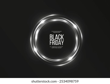 Black Friday Super Venda. Quadro redondo luminoso branco realista. Faixa de desconto para os feriados. PNG. Espiral branco claro. Efeito de luz de curva de linha branca. Círculo luminoso branco.