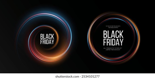 Super Venta del Black Friday. Marco redondo luminoso de neón realista. Anuncio de descuento para las vacaciones. PNG. Torbellino de neón ligero. Efecto de luz de curva de la línea de neón. Círculo azul luminoso.