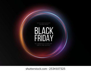 Black Friday Super Sale. Realistic neon luminous round frame. Discount banner for the holidays. PNG. Light neon Twirl. Curve light effect of neon line. Luminous blue circle.