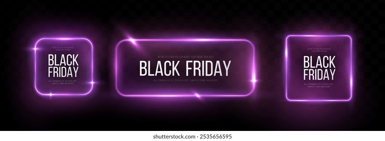 Super Venta del Black Friday. Conjunto de marco redondo luminoso de neón realista. Anuncio de descuento para las vacaciones. PNG. Polvo de neón ligero. Efecto de luz de curva de la línea de neón. Círculo azul luminoso.	