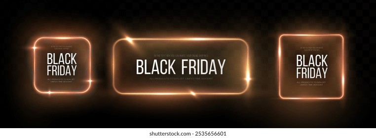 Super Venta del Black Friday. Conjunto de marco redondo luminoso de neón realista. Anuncio de descuento para las vacaciones. PNG. Polvo de neón ligero. Efecto de luz de curva de la línea de neón. Círculo azul luminoso.	