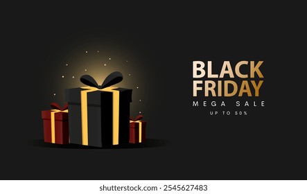 Black Friday Super Sale. Realistische schwarze und rote Geschenkboxen. Goldene Schrift. Neujahrs- und Weihnachtsdesign. Weihnachtshintergrund. Vektorgrafik