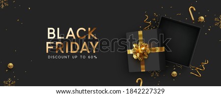 Black Friday Super Sale. Realistic black gifts boxes. Empty open gift box top view with gold bow. Dark background golden text lettering. Horizontal banner, poster, header website. vector illustration