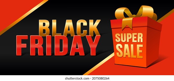 Black Friday Super Sale. red gift box with gold bow. Dark background golden and red text lettering. Horizontal banner, poster, header website. vector illustration