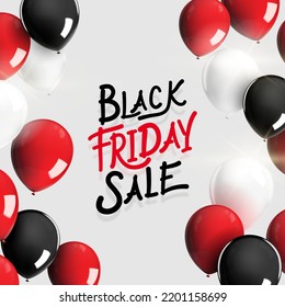 Black friday super sale with red black and white balloon floating on white background, square layout. 3d realistic vector illustration