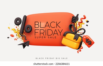 Black Friday super sale. Red Promo background with realistic 3d cartoon style elements, gift box, confetti, percent symbols. Promotion banner, web poster. Vector illustration