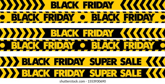 Black Friday Super Sale. Set stripes yellow and black color pattern on ribbon. Illustration, vector
