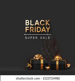 Black Friday Super Sale. Shelf and podium with realistic black gifts boxes with gold bows. Dark background golden text lettering. vector illustration