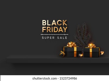 Black Friday Super Sale. Shelf and podium with realistic black gifts boxes with gold bows. Dark background golden text lettering. vector illustration