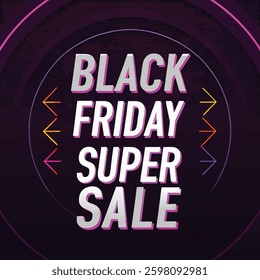 Black Friday Super Sale. Shelf and podium with realistic black gifts boxes with gold bows. Dark background golden text lettering in bright glowing neon frame. vector illustration
