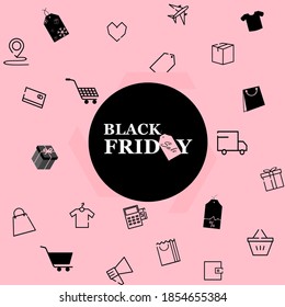 Black Friday Super Sale. Shopping icons in pink background. Online offer concept for ecommerce, discount campaign, big sale, cyber monday. Vector illustration banner, poster, template, flyer, page.
