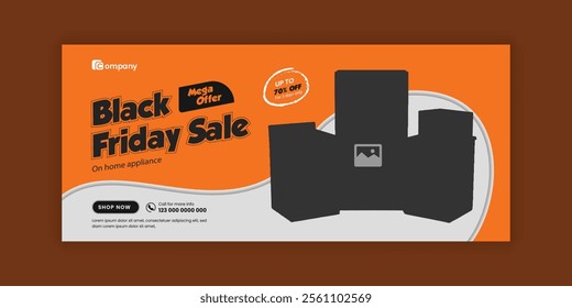 Black Friday Super Sale Social Media Cover Design or Home Appliance Sale web banner design Template and Kitchen Interior Equipment Sale online promotion Flash sale horizontal banner Template