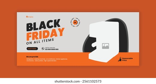 Black Friday Super Sale Social Media Cover Design or Home Appliance Sale web banner design Template and Kitchen Interior Equipment Sale online promotion Flash sale horizontal banner Template