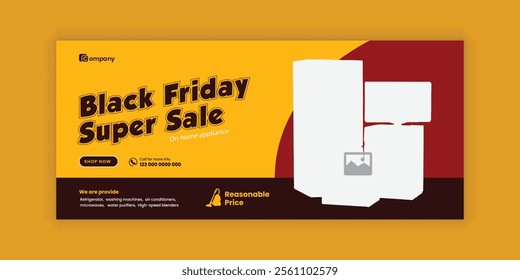 Black Friday Super Sale Social Media Cover Design or Home Appliance Sale web banner design Template and Kitchen Interior Equipment Sale online promotion Flash sale horizontal banner Template