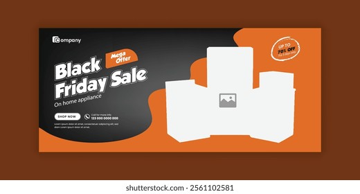 Black Friday Super Sale Social Media Cover Design or Home Appliance Sale web banner design Template and Kitchen Interior Equipment Sale online promotion Flash sale horizontal banner Template