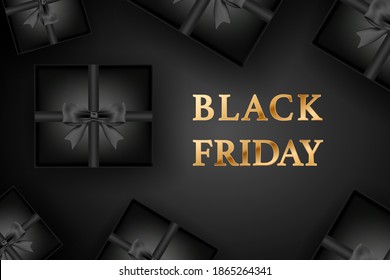 Black Friday Super Sale and special price. Realistic black gift boxes. gift boxes, top view with black bow. Dark background golden text. Horizontal banner website design. vector illustration
