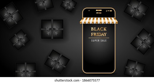 Black Friday Super Sale and special price. shopping on mobile and gift boxes. Dark background golden text. Horizontal banner website design. vector illustration
