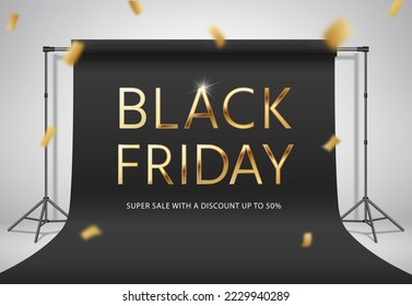 Black Friday Super Sale, special offer. Opening party with gold confetti. Photo studio with black background. Premium certificate. Special price. Discount coupon. 3d render design. 50% discount. 