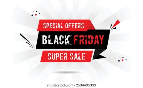 Black Friday Super Sale special offers editable banner template design with a light white and dark black gradient, white background, and red shapes, perfect for promotions, discounts, and seasonal