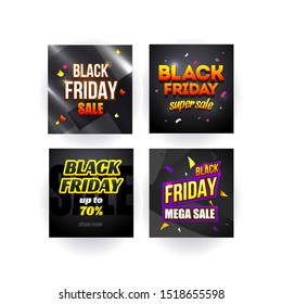Black friday super sale vector banner templates set. Promotional campaign, advertising social media post layout, shopping discount design. Special offer with colorful confetti on gray background
