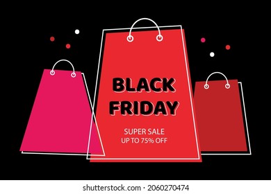 Black Friday tarjeta vectorial de superventa, banner, ilustración con bolsas de compra rojas, paquetes para ofertas especiales y diseño de compras.