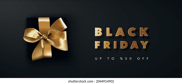 Black Friday Super Sale web poster template. Gift box with gold ribbon and golden text. Vector illustration for Christmas design, party, sale, discount, poster, header website.