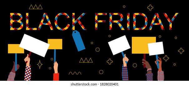 Black Friday Super Sale.Dunkler Hintergrund mit goldenem Ornament.Textschrift und Etikett für neuen Preis.Handelt verschiedene Ethnien, die Plakatbrett anheben und halten.Horizontaler Banner